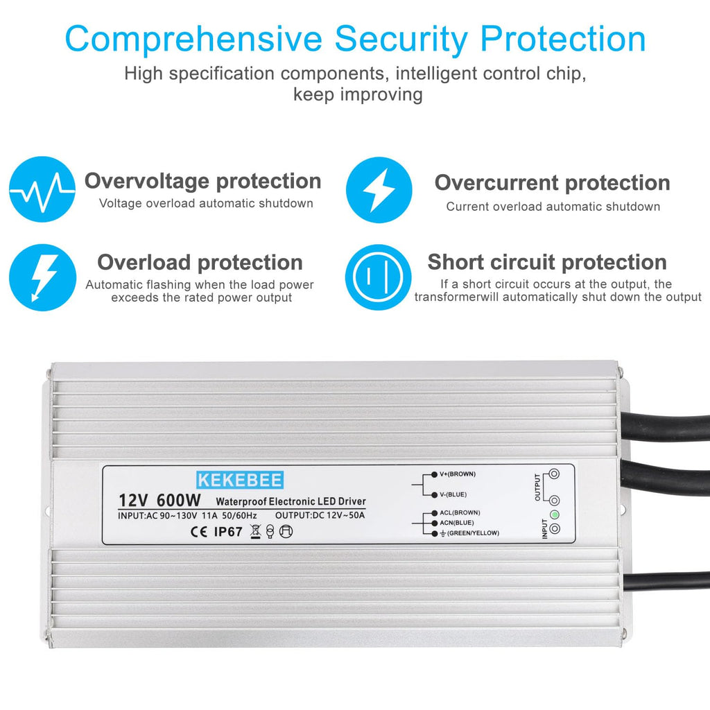 LED Driver 12V600W Waterproof Power Supply 110V/130V AC to 12V DC 50A Low Voltage Transformer IP67 Hotel Exterior Wall Landscape Light LED Light with Spotlight Switch Power Supply
