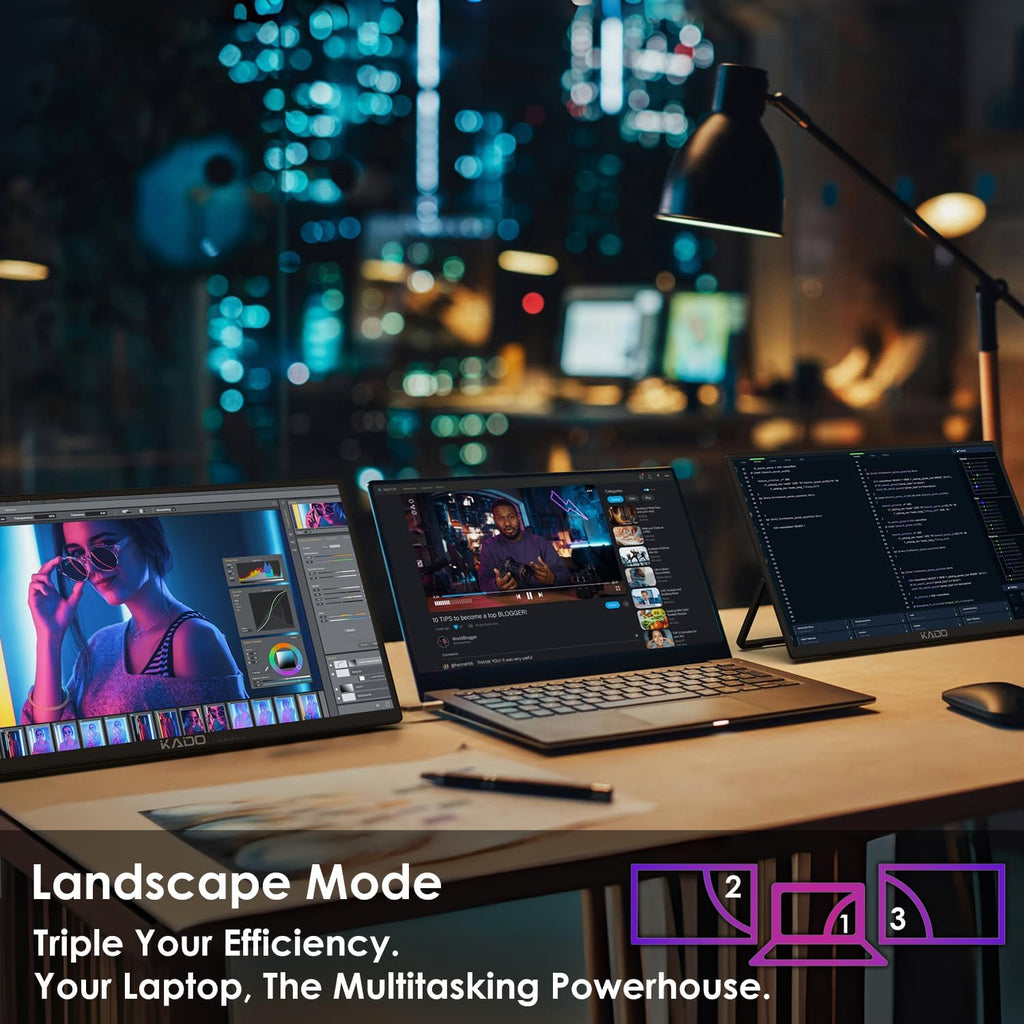 Kado Dual Portable Monitor Setup - 2-Pack 15.6'' FHD 1080p, Ultra-Slim Laptop Monitor 1920x1080 with Built-in Speakers, IPS Display 180° Kickstand Stacked Desktop Setup Office Gaming Daytrading