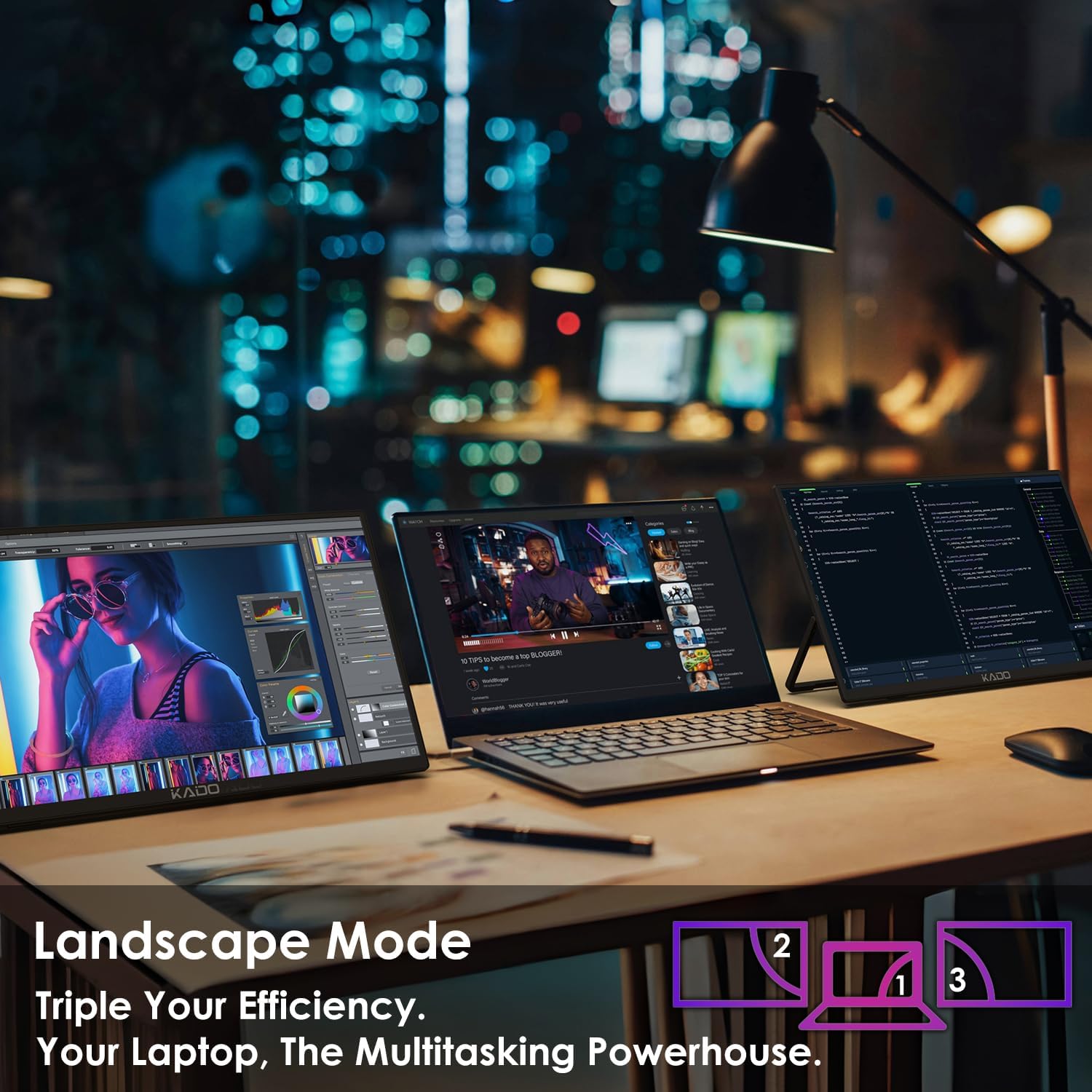 Kado Dual Portable Monitor Setup - 2-Pack 15.6'' FHD 1080p, Ultra-Slim Laptop Monitor 1920x1080 with Built-in Speakers, IPS Display 180° Kickstand Stacked Desktop Setup Office Gaming Daytrading