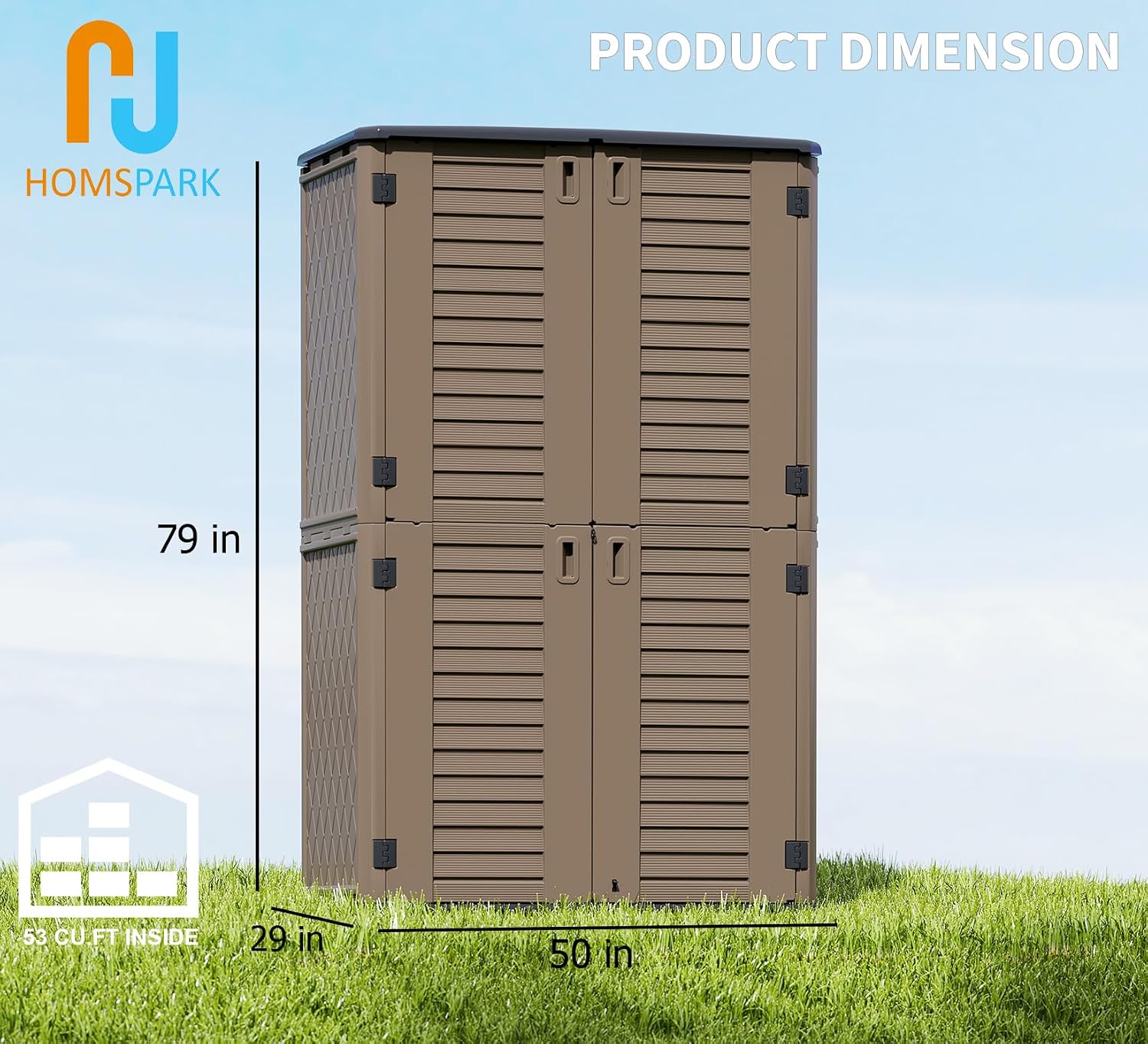 HOMSPARK Storage Shed Weather Resistance, Multi-Purpose Outdoor Storage Cabinet for Backyards and Patios, Horizontal Storage Shed for Lawnmower, Patio Accessories (Coffee, Tall - 53 cu.ft)