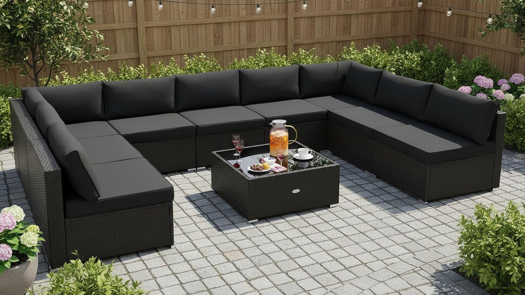 Tangkula 10 Piece Patio Sofa Set, Patiojoy Outdoor Wicker Conversation Set with Seat & Back Cushions, Tempered Glass Tabletop, Sofa Fastener Clips Included, Rattan Furniture Set for Backyard, Poolside