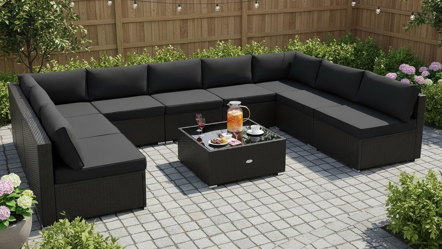 Tangkula 10 Piece Patio Sofa Set, Patiojoy Outdoor Wicker Conversation Set with Seat & Back Cushions, Tempered Glass Tabletop, Sofa Fastener Clips Included, Rattan Furniture Set for Backyard, Poolside