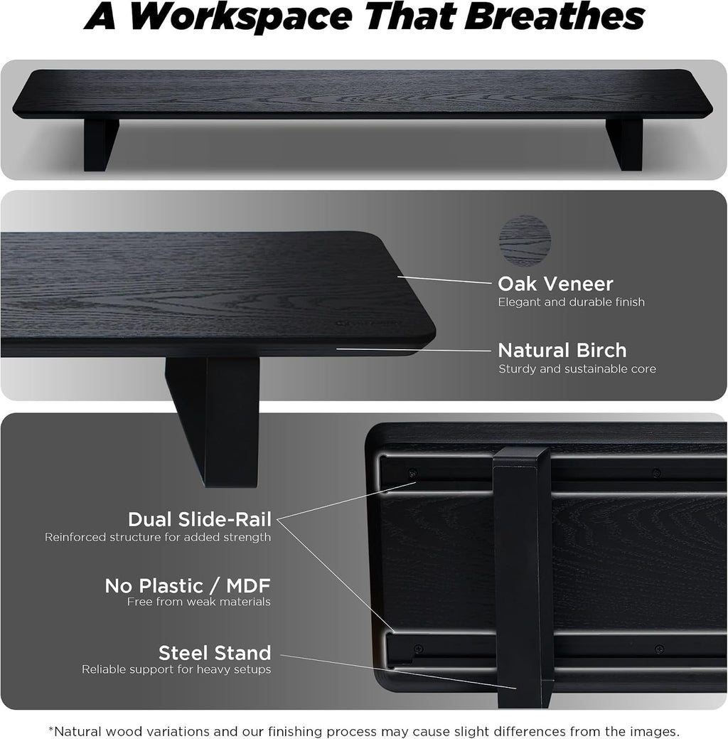 ULTRARM Moodular Wooden Monitor Stand 45.6' (116cm) Large Desk Organizer with Metal Slide Rails for Drawer, Tray, Laptop, Tablet, Phone & Headphones Customizable Riser for Organized Workspace Black