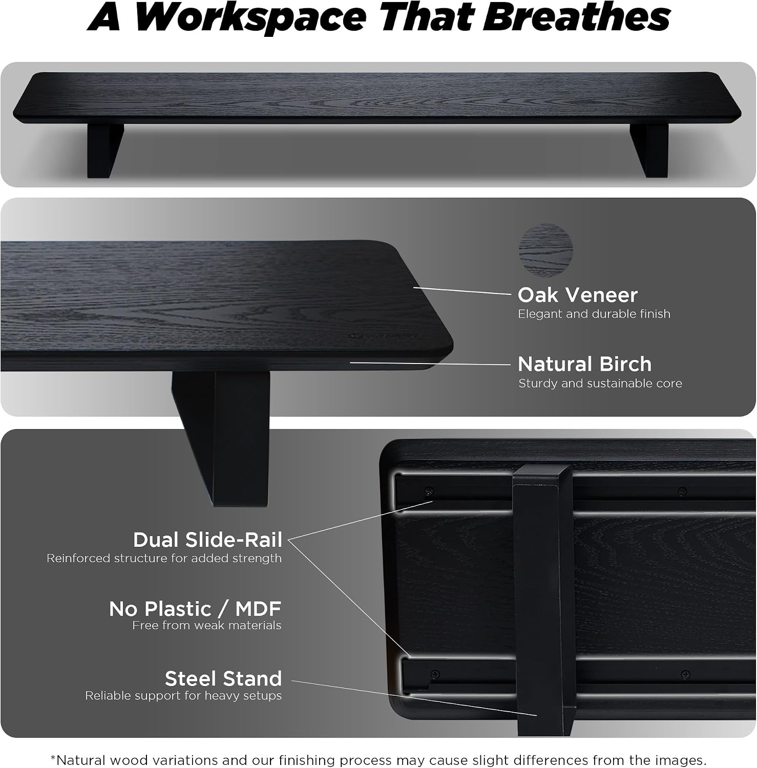 ULTRARM Moodular Wooden Monitor Stand 45.6' (116cm) Large Desk Organizer with Metal Slide Rails for Drawer, Tray, Laptop, Tablet, Phone & Headphones Customizable Riser for Organized Workspace Black