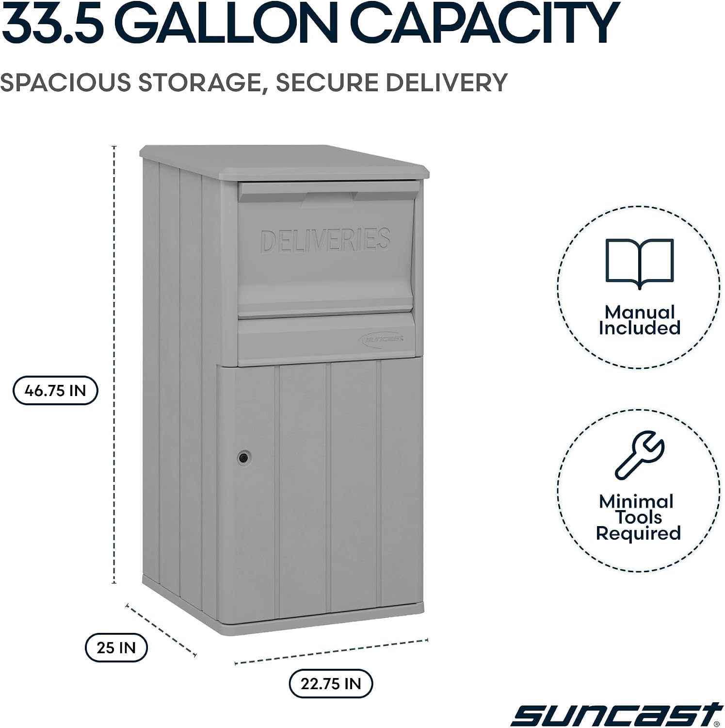 Suncast 33.5-Gallon Capacity Package Delivery Box, Parcel Drop Box with Lock, Weather Resistant Outdoor Storage Solution for Secure Package Deliveries, Made in USA