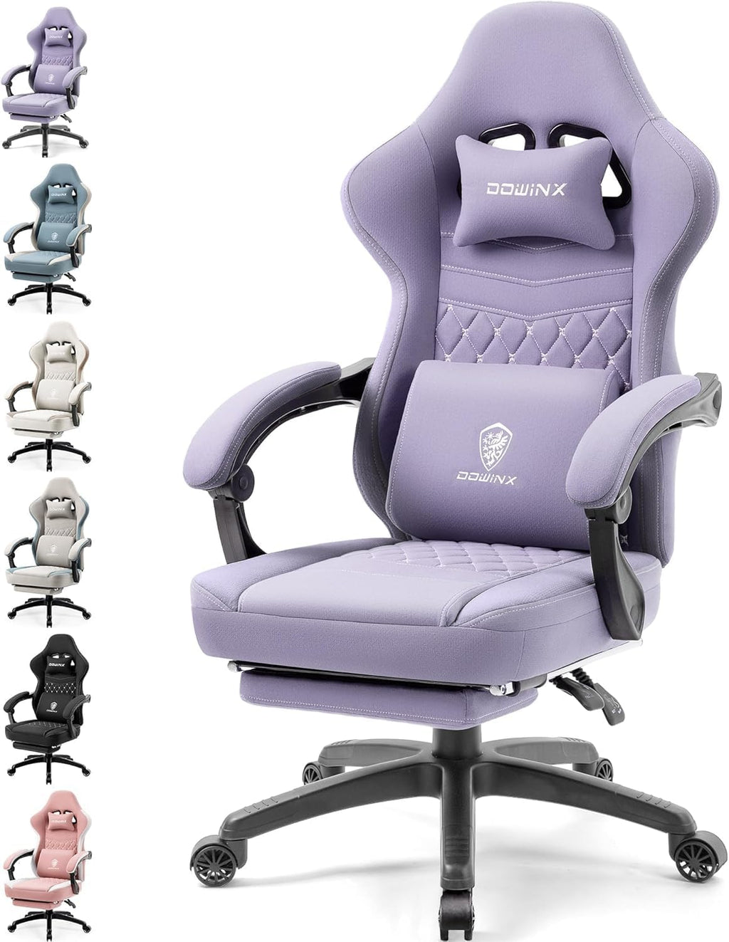 Dowinx Gaming Chair Breathable Fabric Game Chair with Gel Pad and Storage Bag, Comfortable Gamer Chair with Pocket Spring Cushion, Ergonomic Computer Chair with Footrest, Purple