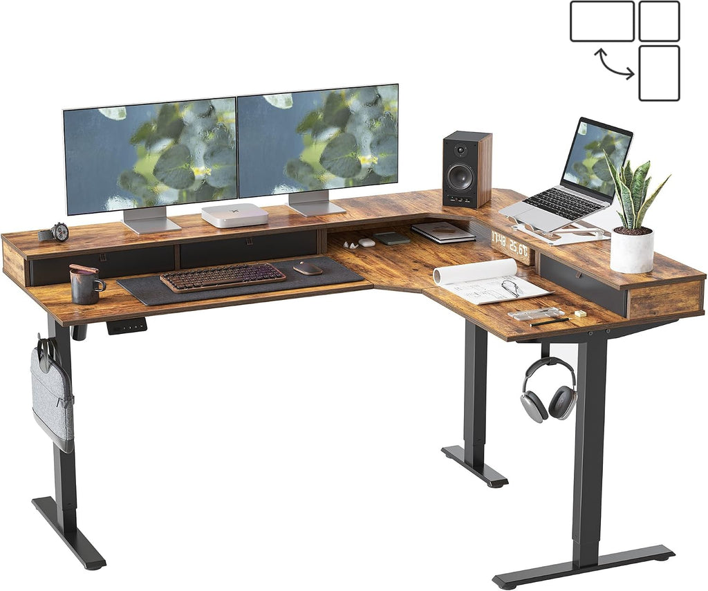 FEZIBO L Shaped Electric Standing Desk, 63x48 inch Large with Drawers | Reversible Tabletop, 2 Memory Height Settings | Home Office & Gaming Height-Adjustable Table, Rustic Brown（2 Packages）