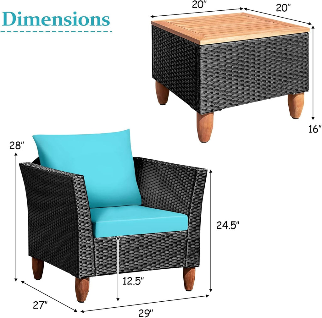 COSTWAY 3 Pieces Patio Rattan Furniture Set, Outdoor Wicker Conversation Chairs Set with Acacia Wood Coffee Table & Washable Cushion, Porch Furniture Bistro Set for Balcony, Garden Backyard, Turquoise