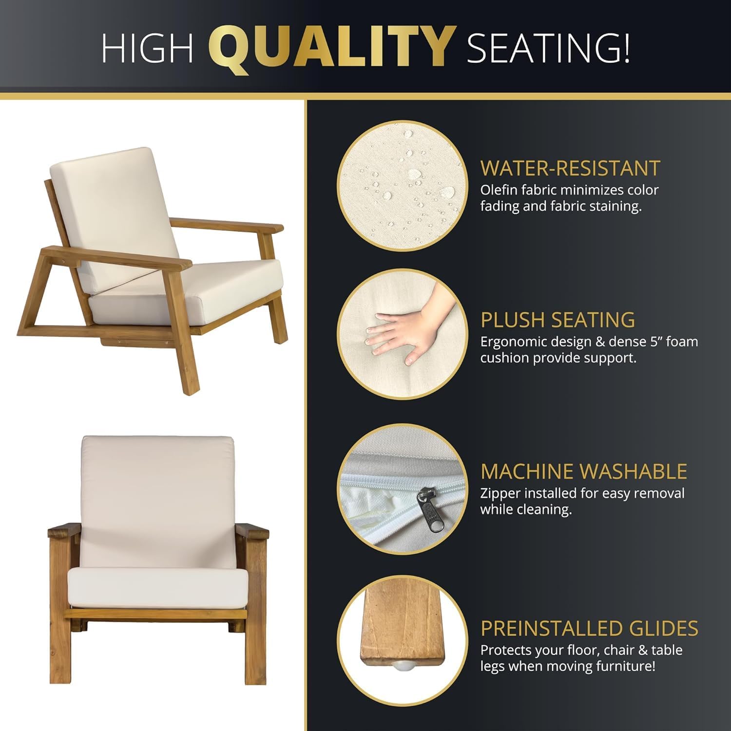 4-Piece Deep Seating Teak Wood Patio Furniture Set, Teak Wood Outdoor Conversation Sofa Set with Cushioned Loveseat, Armchairs and Coffee Table for Garden, Deck, Backyard