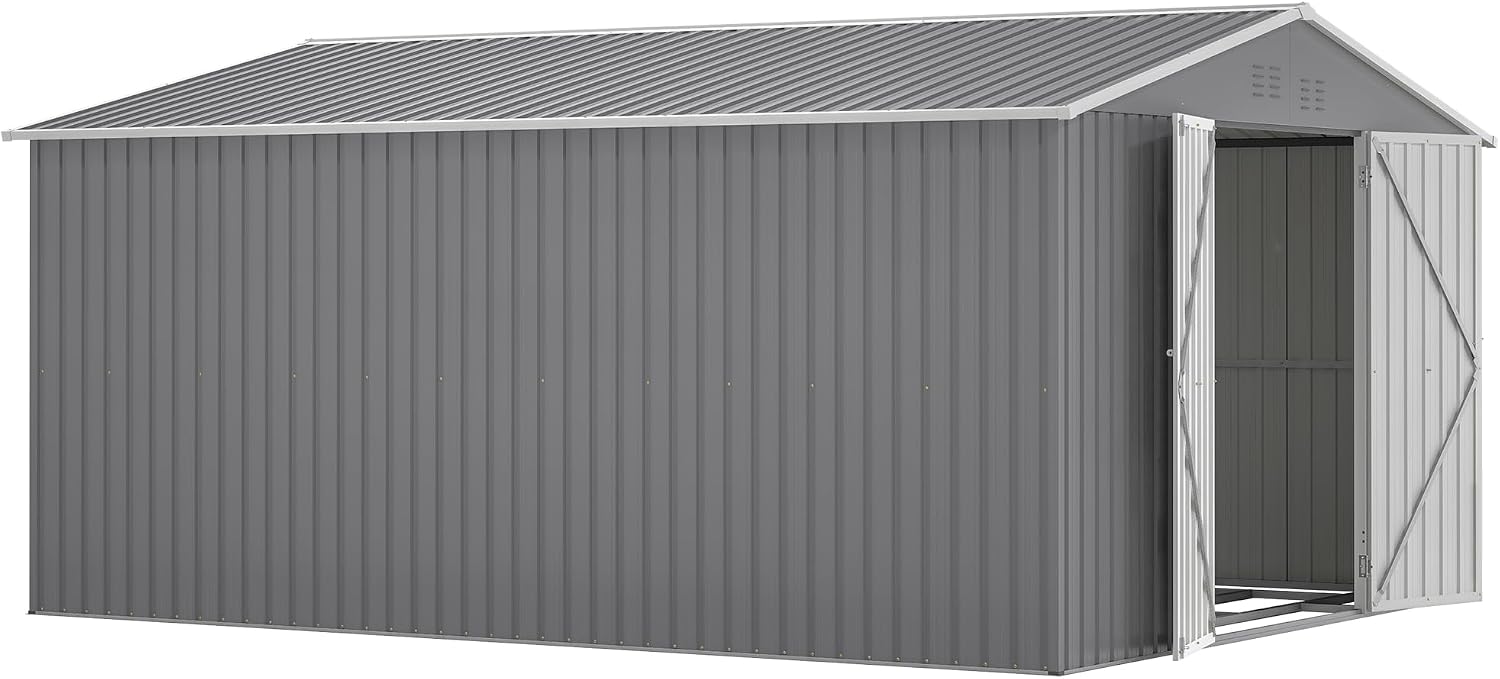 11x13FT Outdoor Storage Sheds with Floor Frame& Lockable Doors Garden Metal Shed Waterproof Galvanized Steel Tool Shed with Air Vents Sloping Roof Ideal for Backyard Patio Lawn Gray