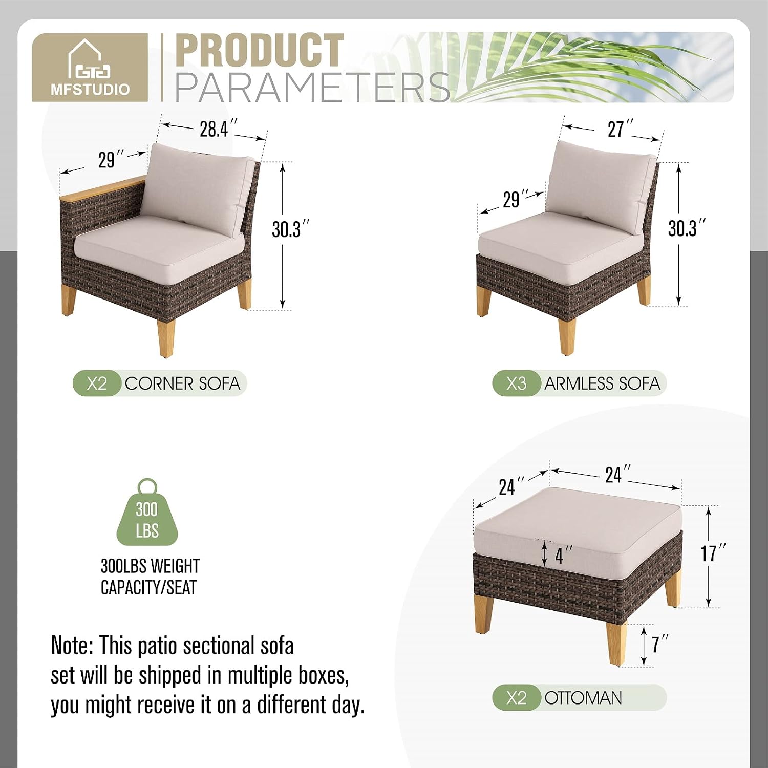 MFSTUDIO 7 Piece Wicker Patio Furniture Set, 2 x Armless Chair, 2 x Ottoman, 3-Seat Sofa, All-Weather Outdoor PE Rattan Patio Conversation Set Sectional Sofa for Garden, Backyard(Beige Cushions)