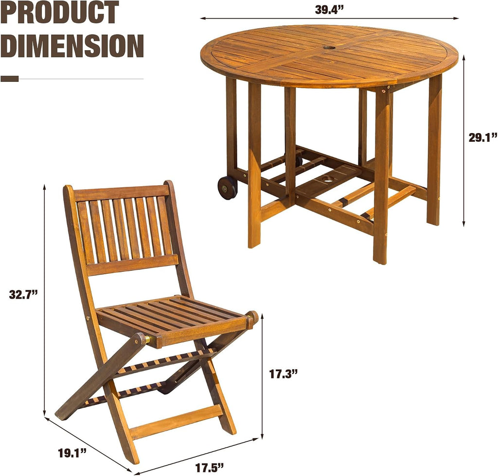 Devoko 5 PCS Patio Furniture, Patio Dining Set Acacia Wood Outdoor Table and Chairs, with 4 Folding Chairs and 37' Round Movable Table, Outdoor Dining Set for Lawn, Balcony, Garden (Light Brown)