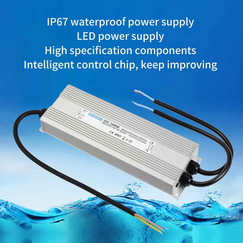 LED Driver 24V1600W Waterproof Power Supply AC 90-130V to DC 24V66.6A Waterproof Switching Power Supply IP67 Transformer Suitable for Indoor and Outdoor LED Lighting and Any 24V DC Equipment