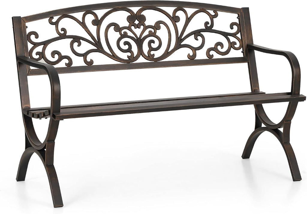 Sophia & William Metal Outdoor Bench, 50' Outdoor Garden Bench Patio Park Bench, Cast Iron Park Benches for Outside with Floral Design Backrest, Bronze