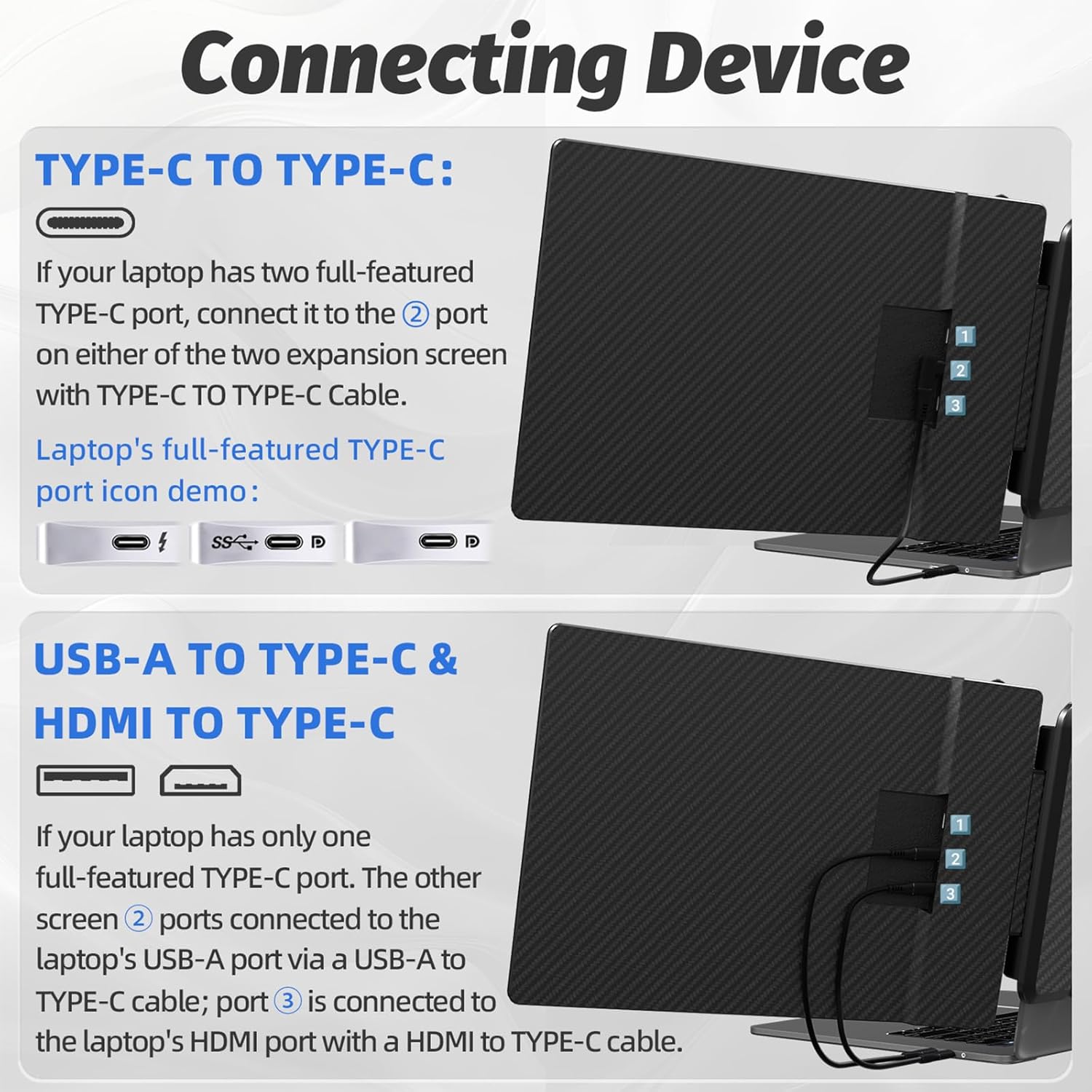 KOJOM 2K Laptop Screen Extender - 13' IPS 1440P Triple Screen Laptop Monitor Extender Plug & Play Multi Screen Attachment for 13'-17' Laptops Compatible with Wins Mac Dex Chrome Travel Gaming Work