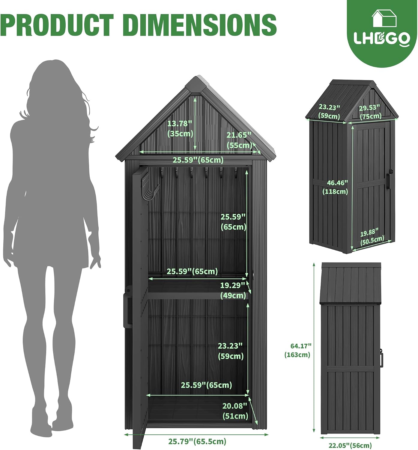 LHBGO Outdoor Storage Shed with Door & Shelf, Large Capacity Weatherproof Garden Tool Cabinet with Multiple Hooks for Backyard, Patio, Lawn（Black
