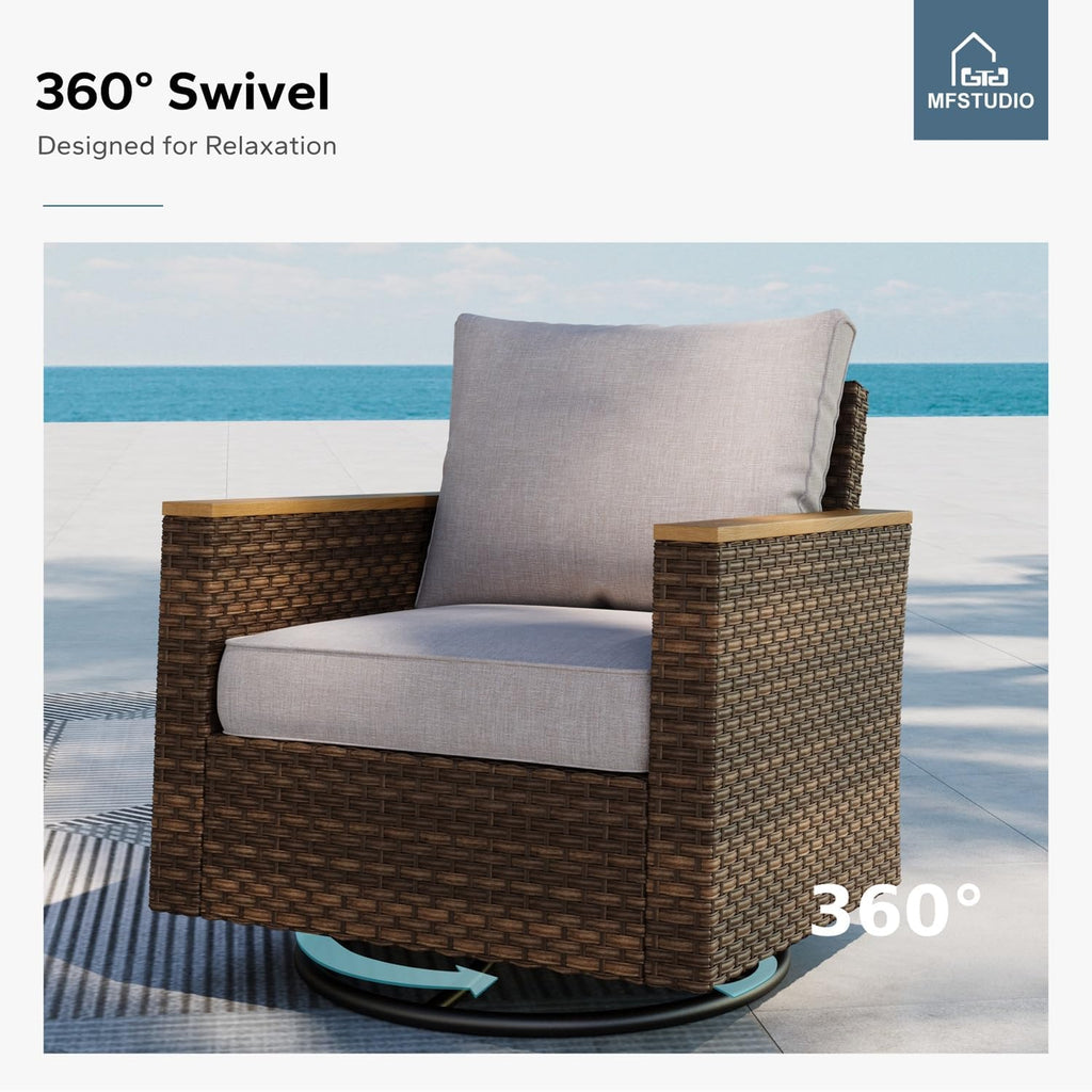 MFSTUDIO 8 Piece Wicker Patio Furniture Set, 4 x Swivel Chair, 2 x Ottoman, 2 x Corner Sofa, All-Weather PE Rattan Patio Conversation Set Outdoor Sectional Sofas for Garden(Beige Cushions)
