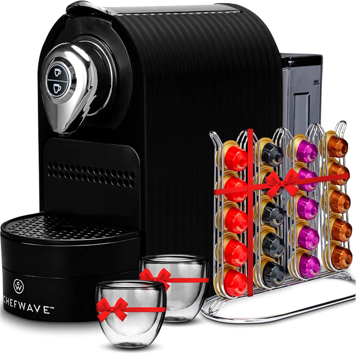 ChefWave Espresso Machine Compatible with Nespresso Capsules (Black) with Capsule Holder, and 2 Glass Cups Bundle with Handheld Milk Frother (2 items)