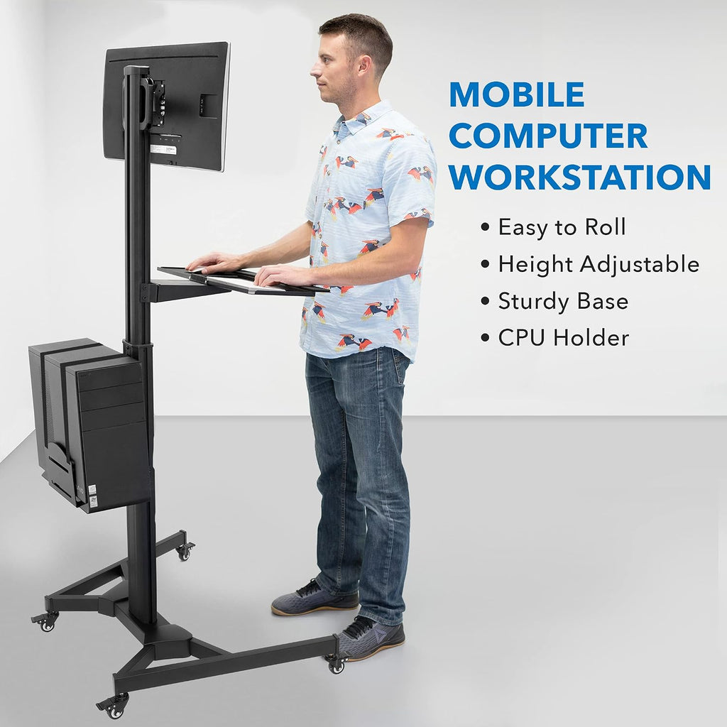 Mount-It! Computer Cart Mobile Desk Workstation with Monitor Mount for Screen up to 32', Rolling Computer Desk PC Cart, Keyboard & Mouse Tray, Rolling Stand with Adjustable CPU Holder, 63.5' Tall