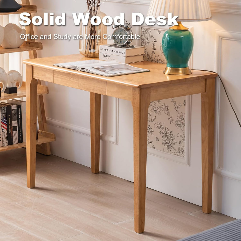 Solid Wood Desk with Drawer, Small Computer Desk for Small Spaces, Gaming Study Home Office Desks for Work, Student PC Desk for Bedroom, Escritorios para Cuartos (Wood Color, 39.4 inch)