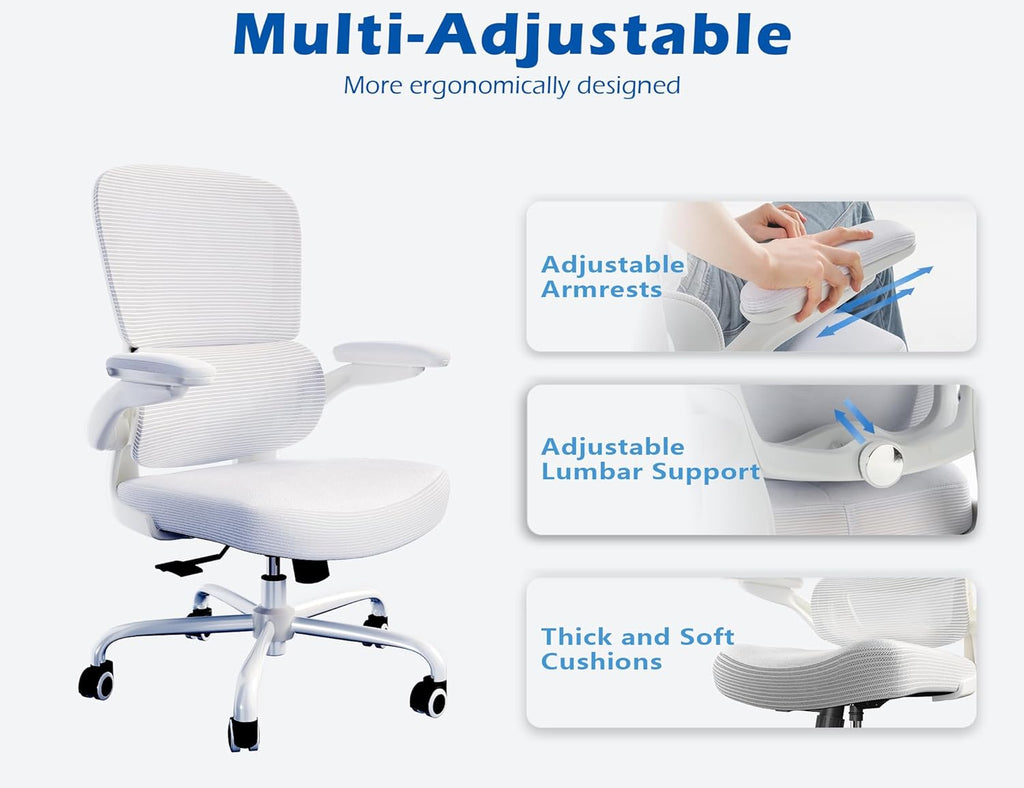 TRALT Ergonomic Office Chair - Desk Chair with Adjustable Lumbar Support Computer Chair - Mesh Comfy Chair with Flip-up Armrests - Gaming Chairs for Adults Home Office (Leather, White)