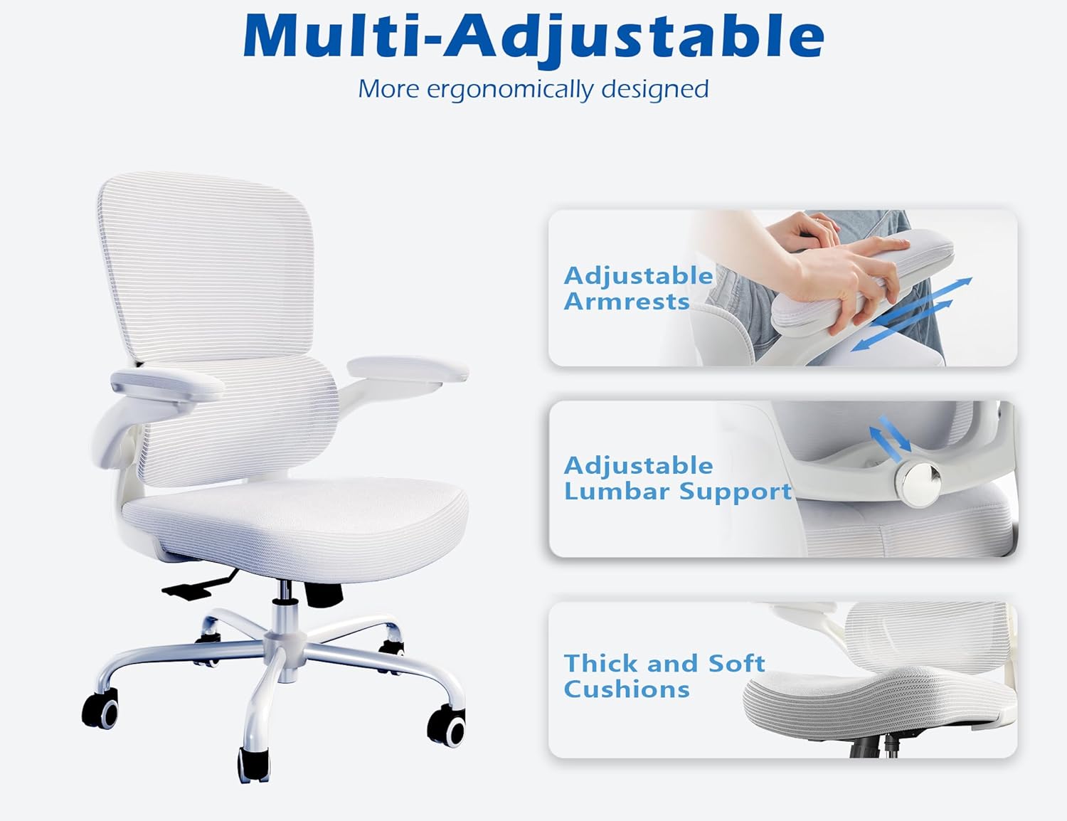 TRALT Ergonomic Office Chair - Desk Chair with Adjustable Lumbar Support Computer Chair - Mesh Comfy Chair with Flip-up Armrests - Gaming Chairs for Adults Home Office (Leather, White)