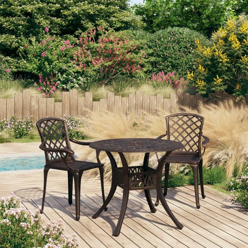 vidaXL 3-Piece Patio Bistro Set - Sturdy Cast Aluminum Garden Furniture - Elegant Bronze Finish with Umbrella Hole - for Outdoor Seating and Dining