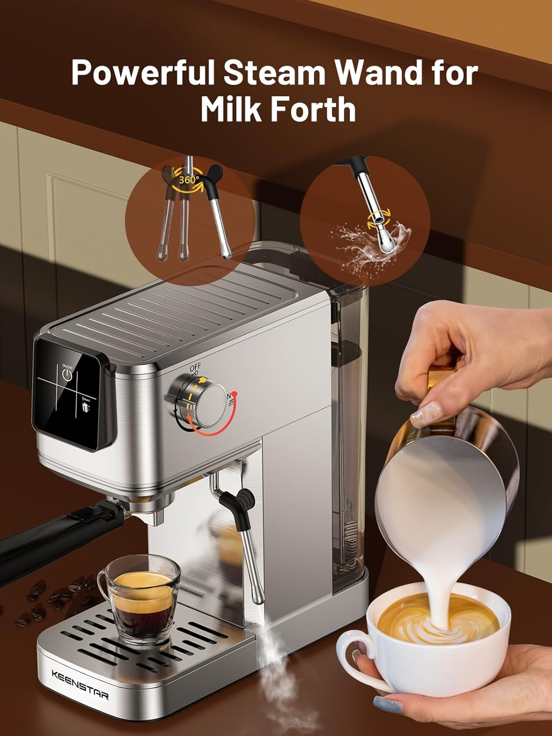 KEENSTAR 20Bar Espresso Machine with Rapid Cold Brew, Hot & Iced Coffee Machine, Espresso Maker with Milk Frother Steam Wand, Touch Screen with 40oz Water Tank for Latte, Cappuccino, Gift