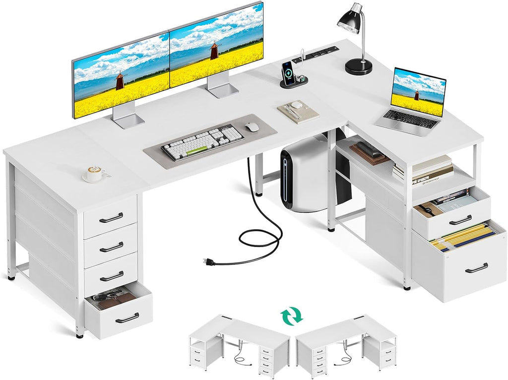 Coleshome L Shaped Computer Desk with 6 Drawers & Power Outlet, 63 Inch Office Desk with Reversible Storage Shelf & File Drawer, Home Office Desk, White