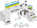 Coleshome L Shaped Computer Desk with 6 Drawers & Power Outlet, 63 Inch Office Desk with Reversible Storage Shelf & File Drawer, Home Office Desk, White