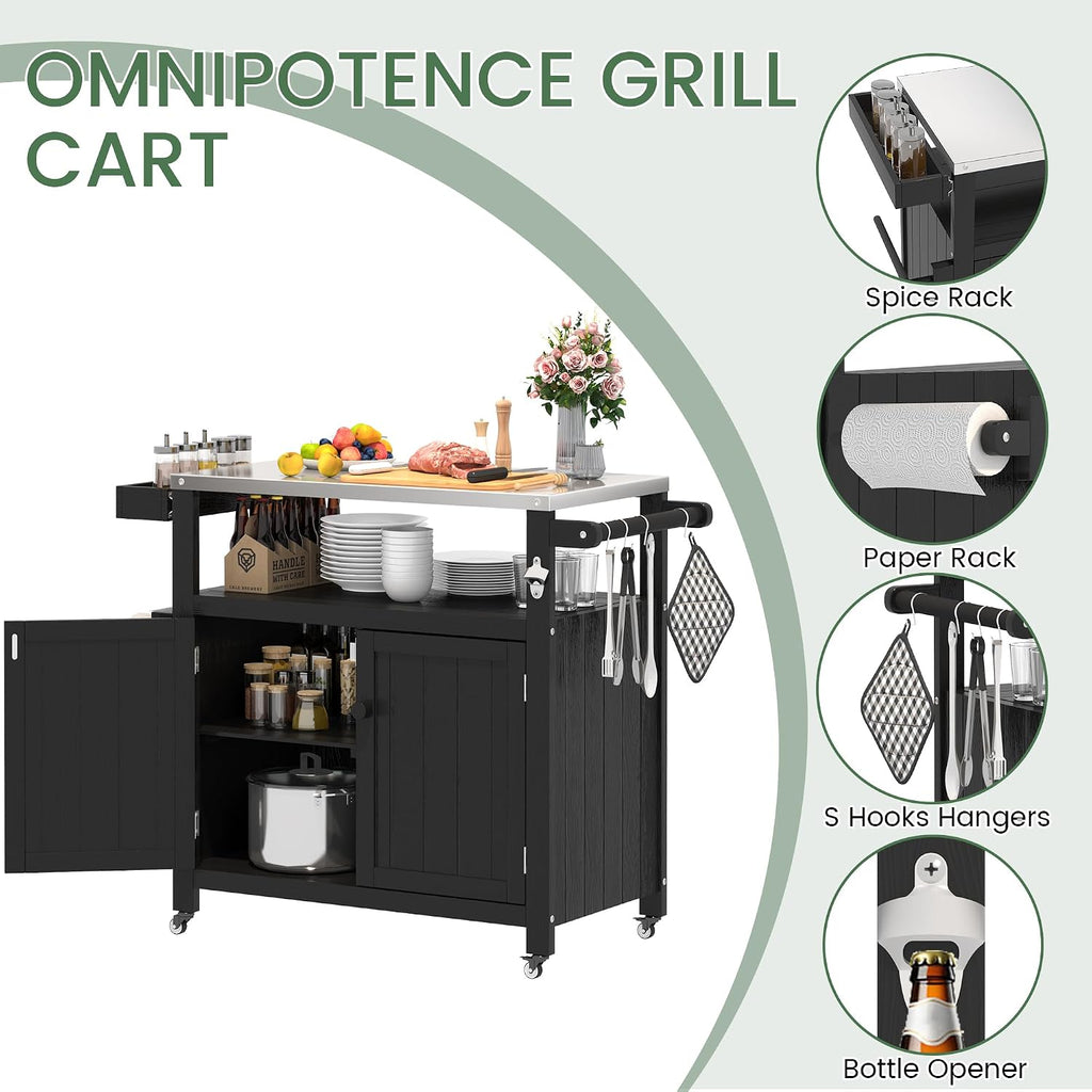Weatherproof HIPS Outdoor Kitchen Island with Stainless Steel Top & Storage Cabinet, Movable Prep Table with Wheels for BBQ Food Prep, Outdoor Grill Cart for Parties, Black