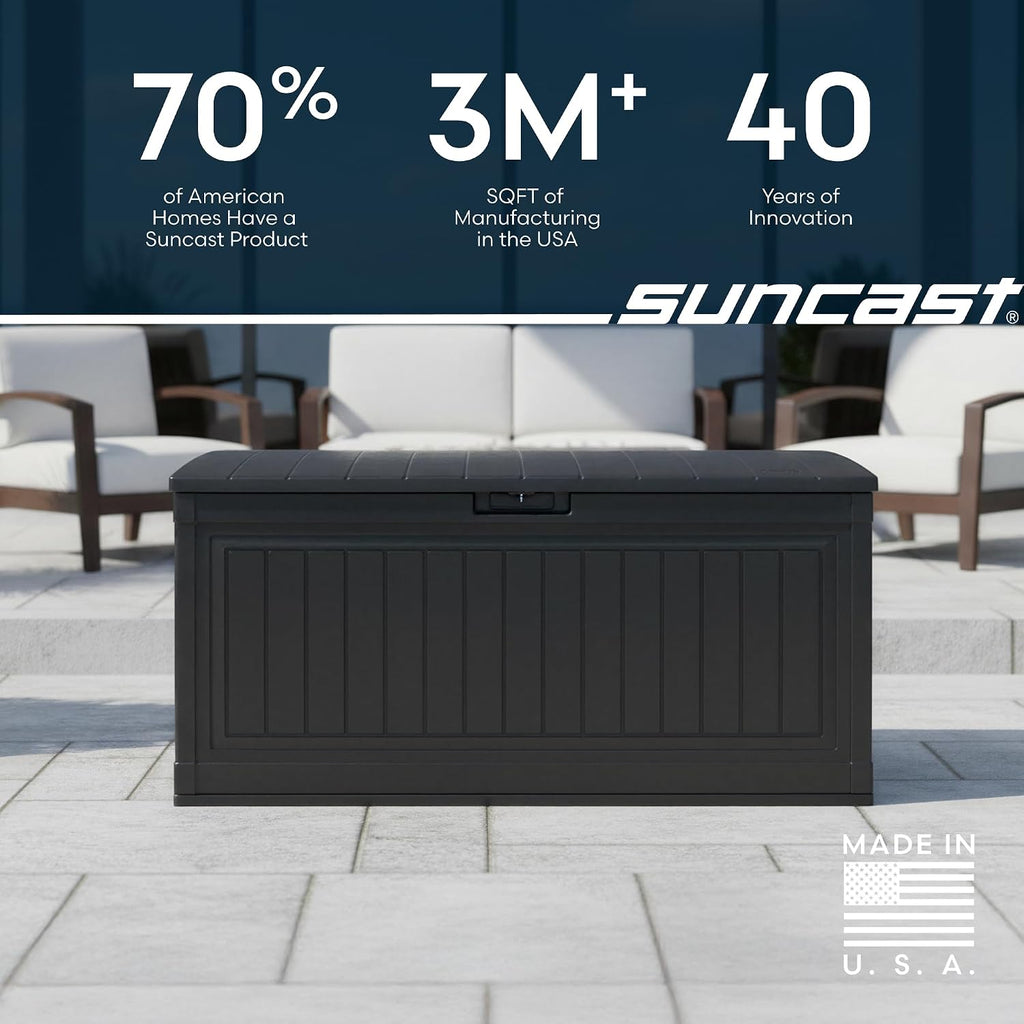 Suncast 80-Gal. Resin Large Outdoor Patio Deck Box with Pad-Lockable Lid, Modern Outdoor Patio Bench/Storage Box for Cushions, Garden Tools, and More, Iron Ore