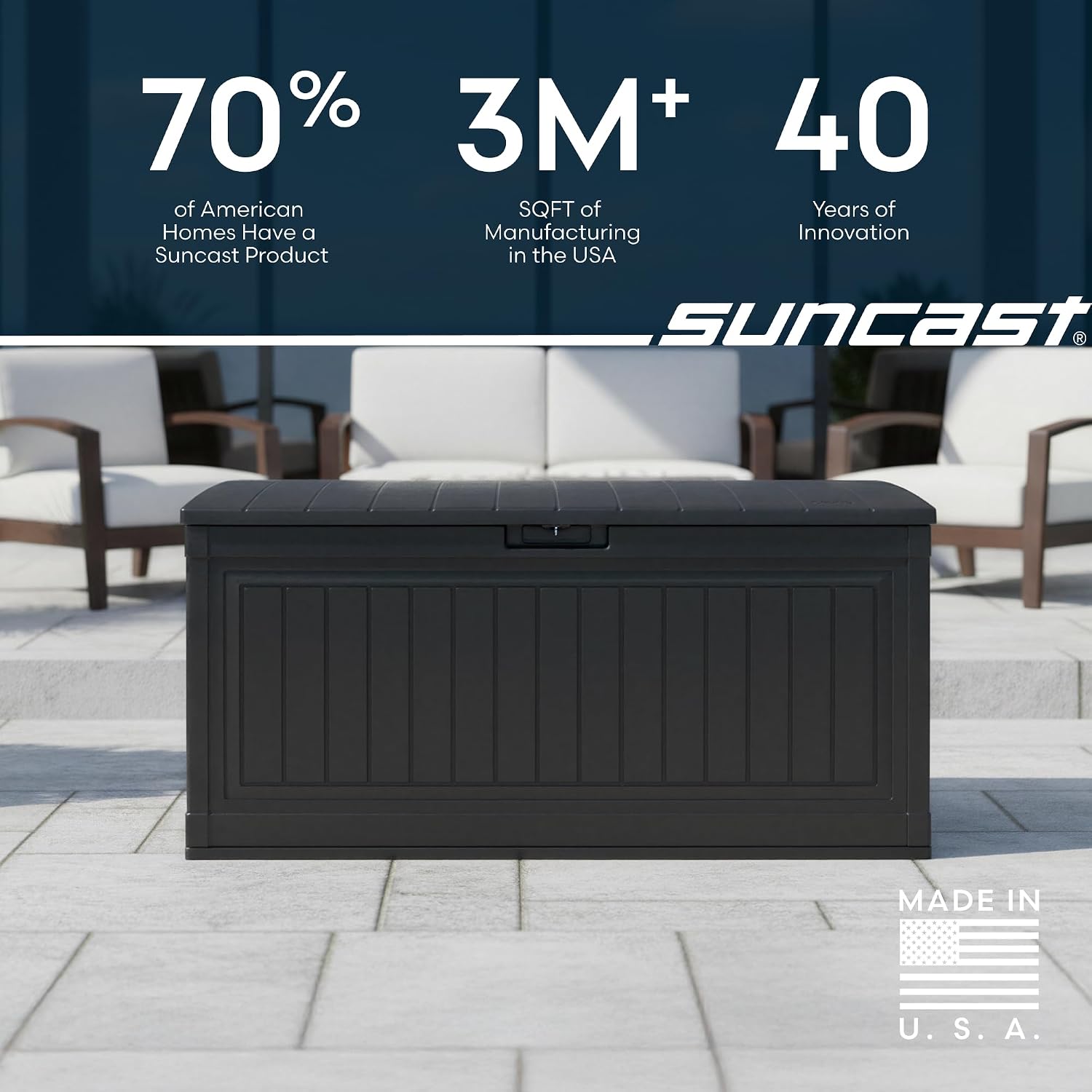 Suncast 80-Gal. Resin Large Outdoor Patio Deck Box with Pad-Lockable Lid, Modern Outdoor Patio Bench/Storage Box for Cushions, Garden Tools, and More, Iron Ore