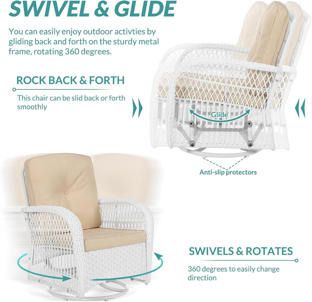 MEETWARM 3 Pieces Outdoor Wicker Swivel Rocker Patio Set, Rocking Chairs Rattan Patio Furniture Sets with Thickened Cushion and Glass-Top Coffee Table, Conversation Bistro Set, White Wicker/Beige