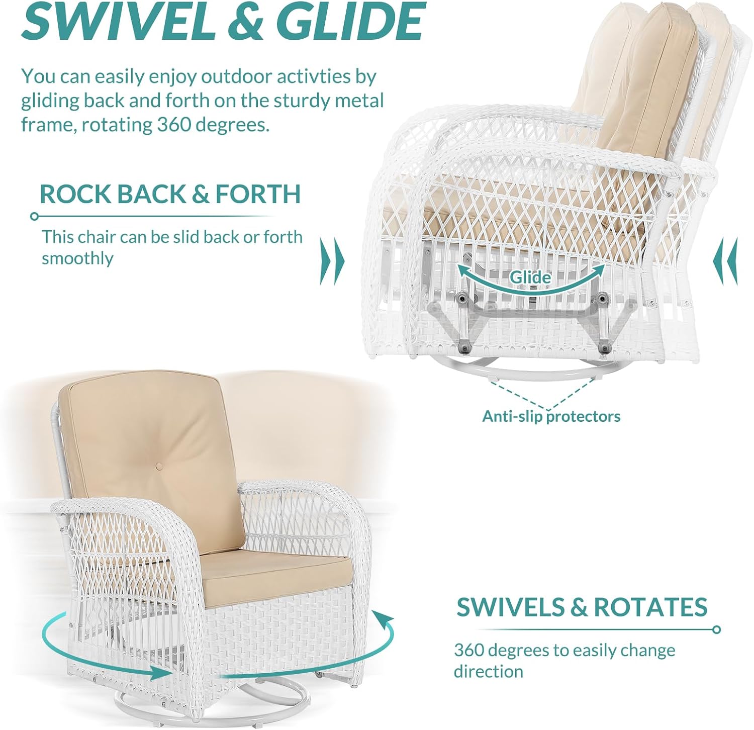 MEETWARM 3 Pieces Outdoor Wicker Swivel Rocker Patio Set, Rocking Chairs Rattan Patio Furniture Sets with Thickened Cushion and Glass-Top Coffee Table, Conversation Bistro Set, White Wicker/Beige
