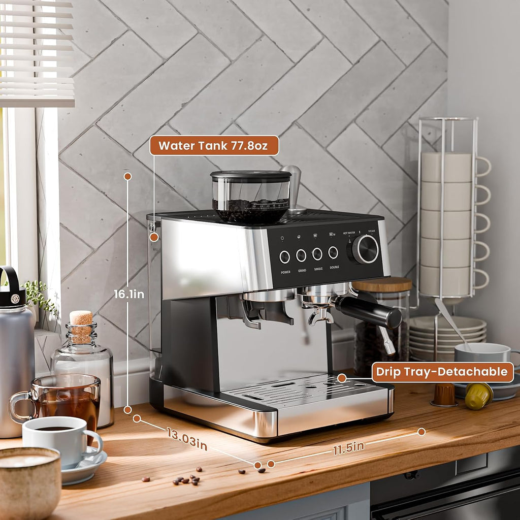 WAA Espresso Machine 20 Bar, Expresso Coffee Machines with Grinder, Espresso Maker with Milk Frother Steam Wand, Latte & Cappuccino Machine with Removable Water Tank for Home, Stainless Steel