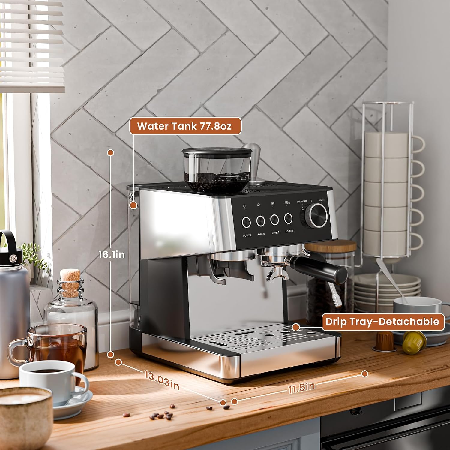 WAA Espresso Machine 20 Bar, Expresso Coffee Machines with Grinder, Espresso Maker with Milk Frother Steam Wand, Latte & Cappuccino Machine with Removable Water Tank for Home, Stainless Steel