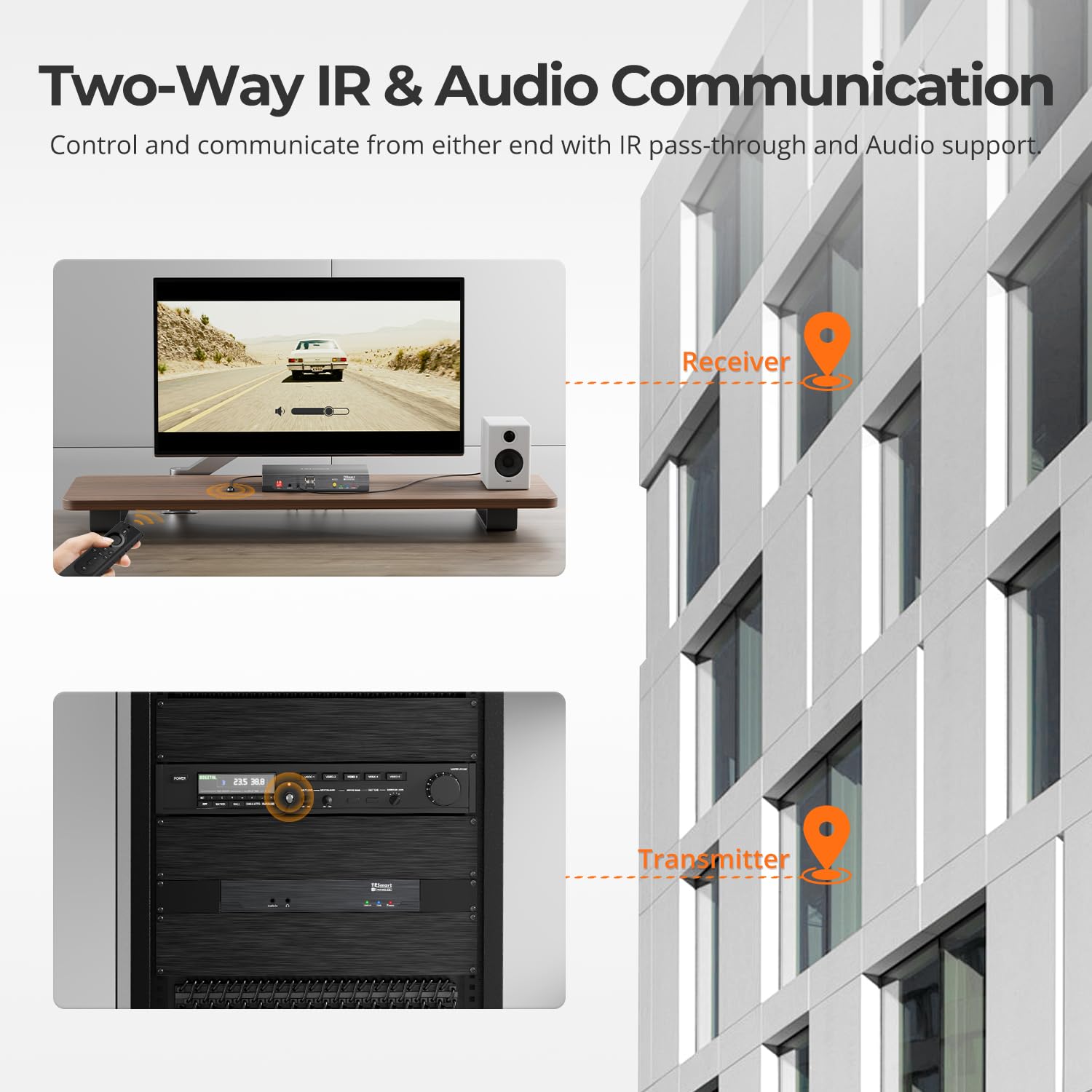 TESmart 4K@30Hz HDMI KVM Extender 328ft/100m Over CAT6/6A – PoE Powered | Bidirectional Audio & IR | RS232 Extension | Advanced EDID | USB 2.0 | Remote Power Switch Support