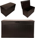 Suncast 80-Gal. Resin Large Outdoor Patio Deck Box with Pad-Lockable Lid, Modern Outdoor Patio Bench/Storage Box for Cushions, Garden Tools, and More, Java