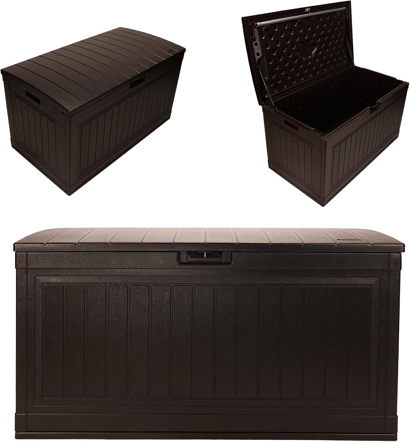 Suncast 80-Gal. Resin Large Outdoor Patio Deck Box with Pad-Lockable Lid, Modern Outdoor Patio Bench/Storage Box for Cushions, Garden Tools, and More, Java