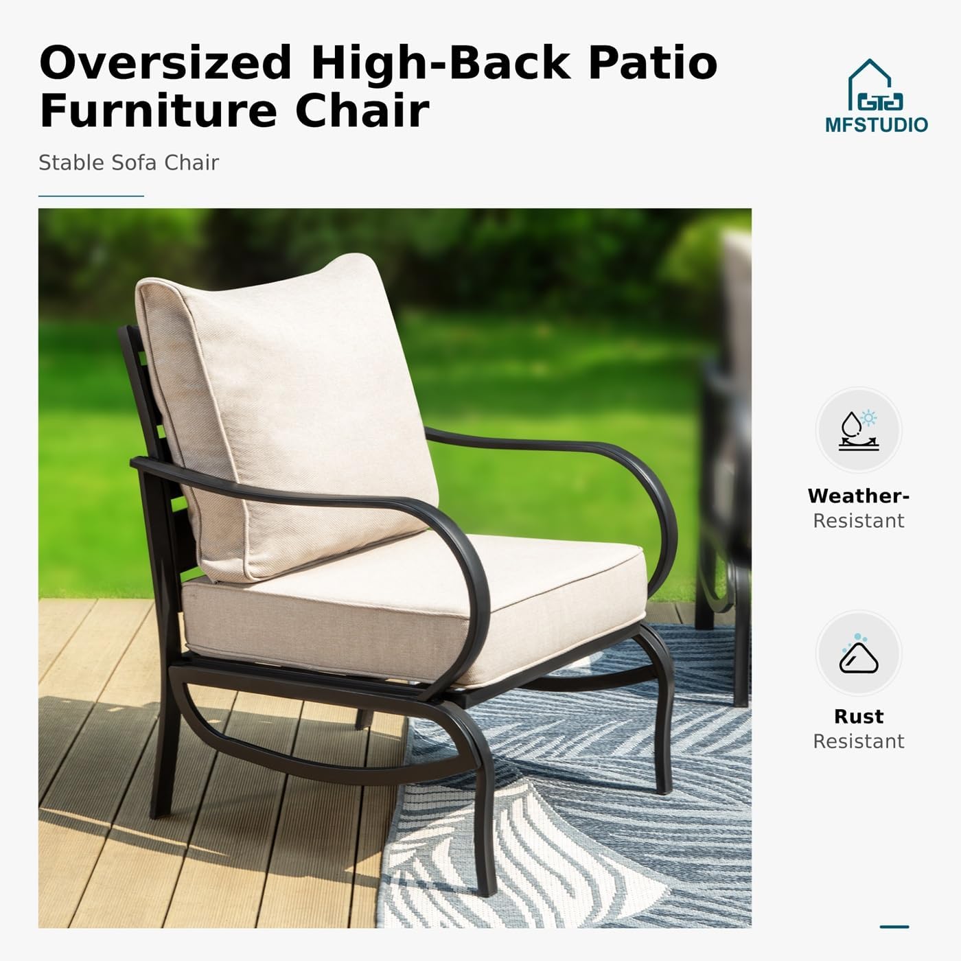 MFSTUDIO Metal Patio Conversation Sets, Outdoor Furniture Sofas Set of 2, 2 Pieces Durable Steel Frame Patio Chairs with 5.8' Beige Cushions for Patio Garden Backyard Balcony