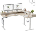 FEZIBO L Shaped Electric Standing Desk, 63 x 48inch Large with Drawers | Reversible Tabletop, 2 Memory Height Settings | Home Office & Gaming Height-Adjustable Table, Light Walnut （2 Packages）
