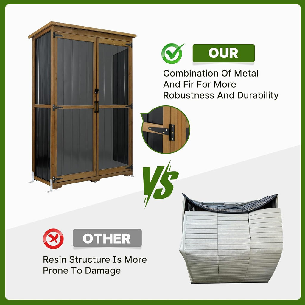 Outdoor Storage Cabinet Wood & Metal with Waterproof Roof, Garden Tool Shed with 4 adjustable reinforced feet with metal brackets, 3 Removable Shelves, 6 T-Hinge, Magnetic door,18.1'D x 49'W x 68.5'H