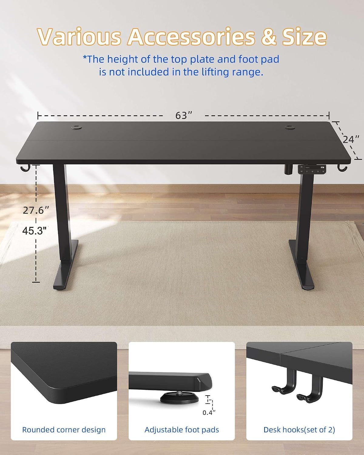 YIHAYO Electric Standing Desk, 63 x 24 Inches Stand Up Desk with Splice Board, Adjustable Height Desk, Computer Desk for Home Office, Black Frame/Black Top