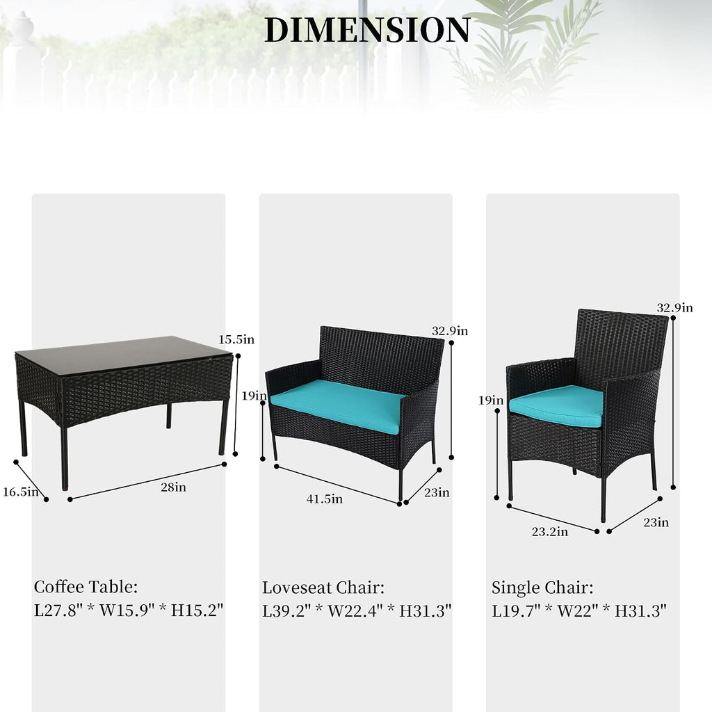 4 Pieces Patio Furniture Set,Rattan Chair Wicker Sofa Garden Conversation Sets,Outdoor Patio Set for Garden Lawn Pool or Backyard,Armrest Chair Loveseat with Tempered Glass Table（Blue）