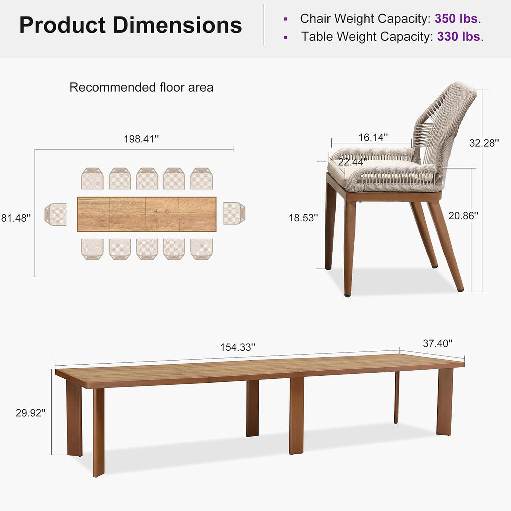 PURPLE LEAF 13 Pieces Patio Dining Set Aluminum Rectangular Table and Wicker Chairs with Cushions for Kitchen Porch Garden Modern Outdoor Furniture Sets