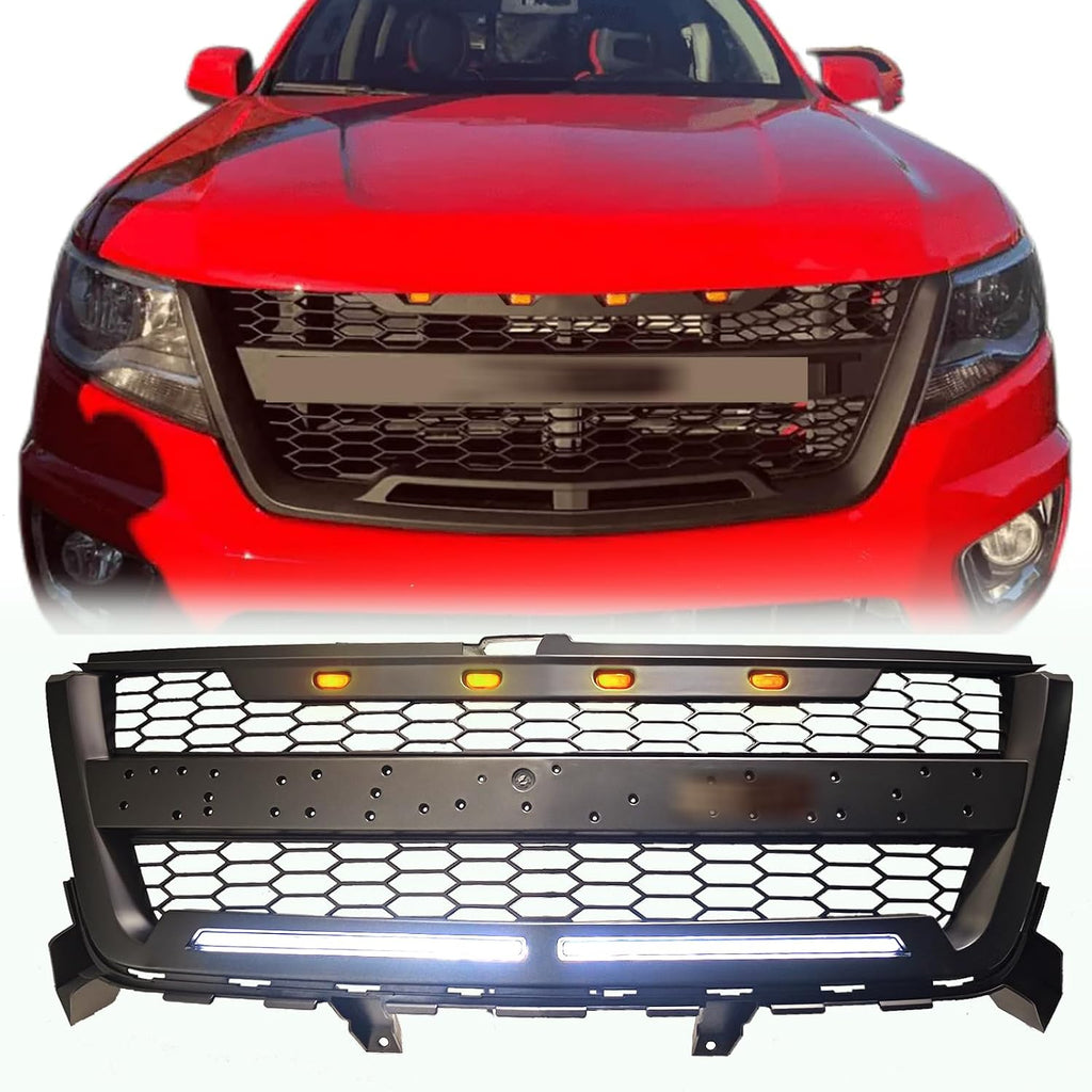 Front Grille Compatible with 2016 2017 2018 2019 2020 Colorado Replacement Front Grill, Black Letters and 4 LED Lights (with 2 LED Bars)