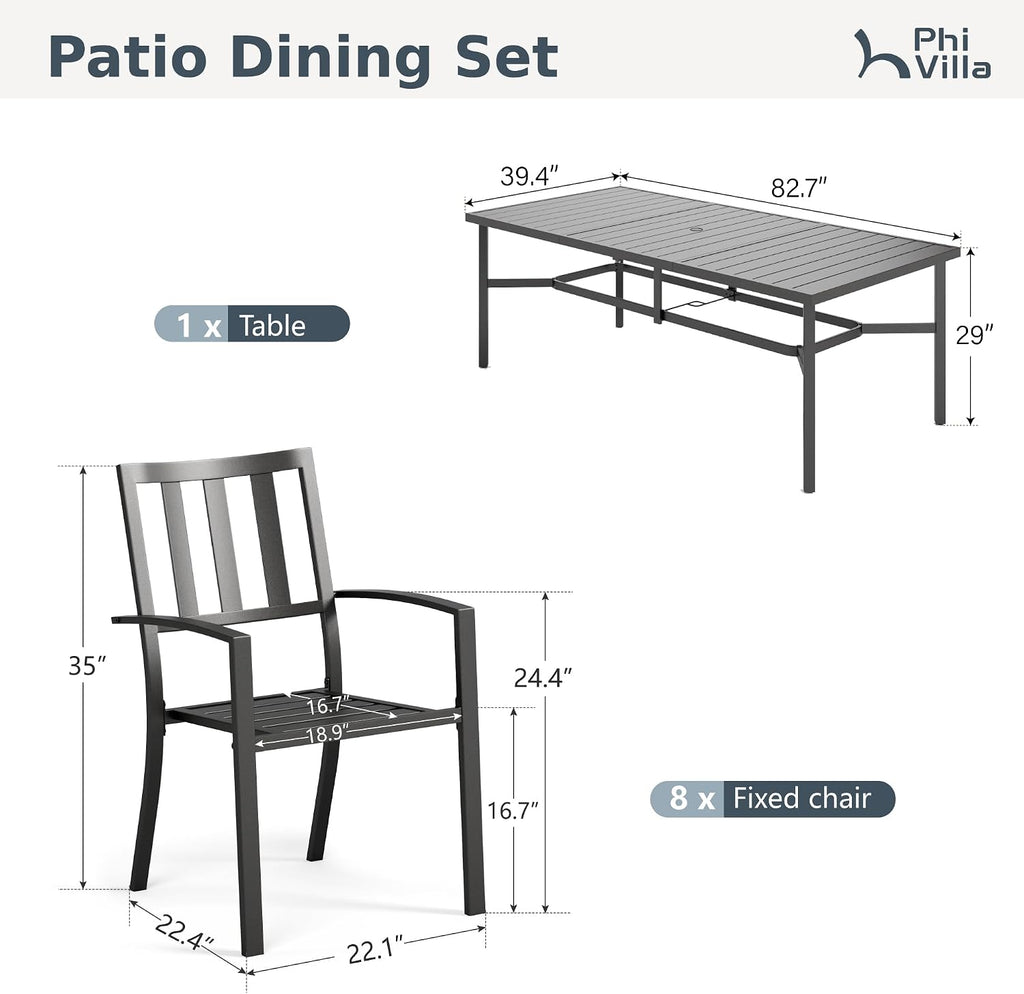 PHI VILLA 9 Pieces Outdoor Dining Set for 8, 83' Rectangular Metal Table with Umbrella Hole & Stackable Black Wrought Iron Chairs, Large Outside Furniture for Patio, Deck, Yard, Porch