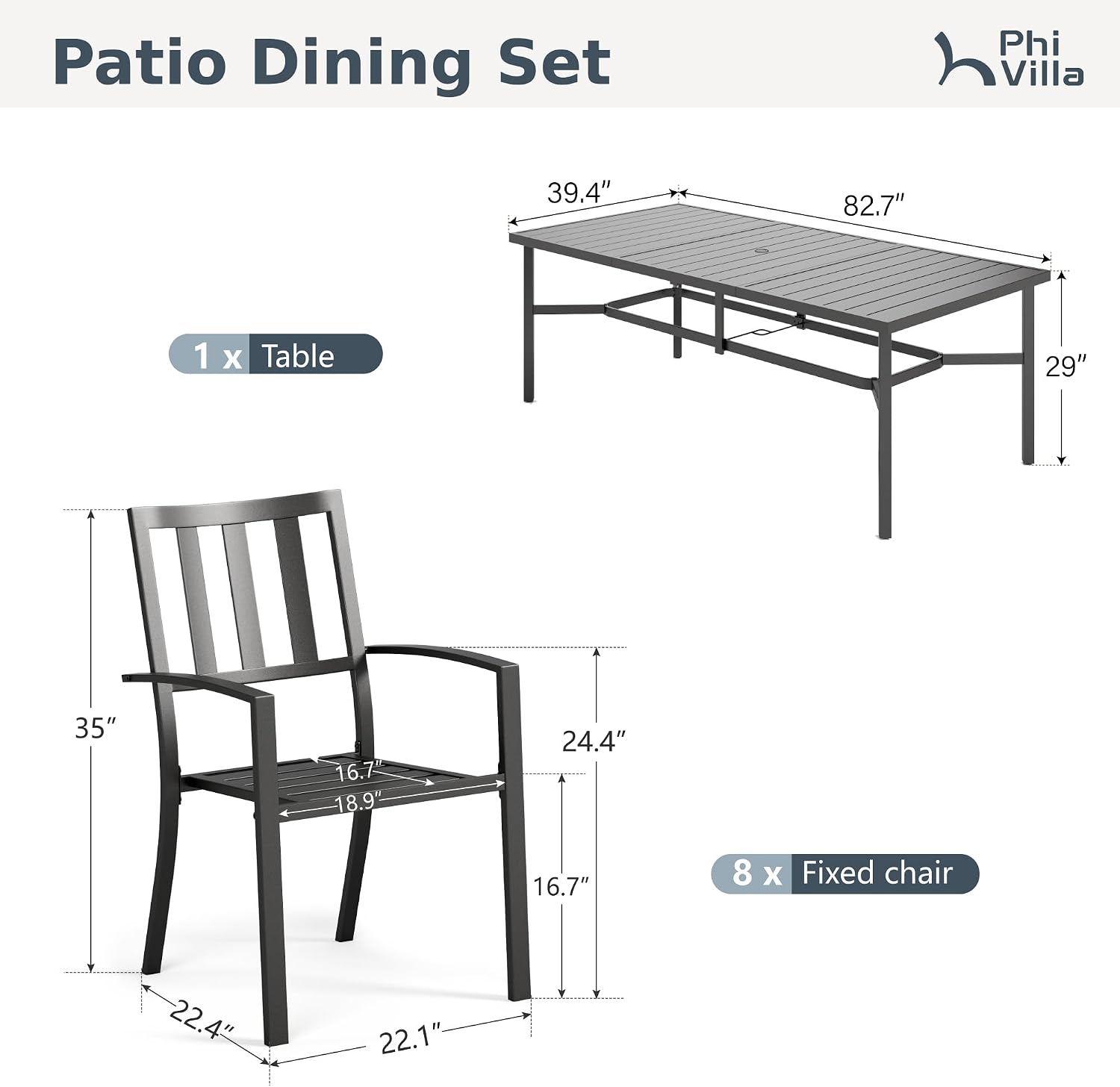 PHI VILLA 9 Pieces Outdoor Dining Set for 8, 83' Rectangular Metal Table with Umbrella Hole & Stackable Black Wrought Iron Chairs, Large Outside Furniture for Patio, Deck, Yard, Porch