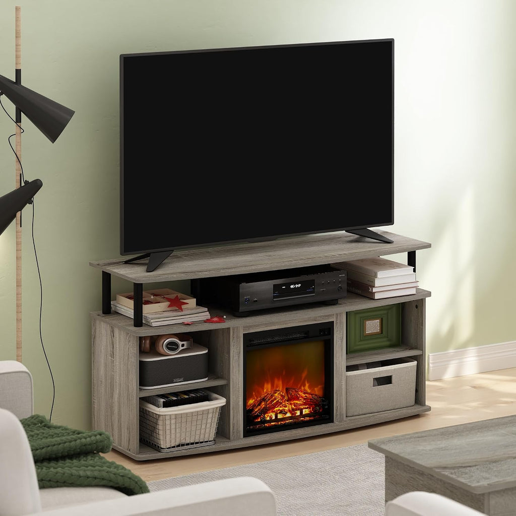 Furinno Jensen Fireplace TV Stand, Entertainment Center, TV Console for TV up to 55 Inch with Fireplace and Open Shelving Storage, for Living Room, Bedroom, French Oak Grey
